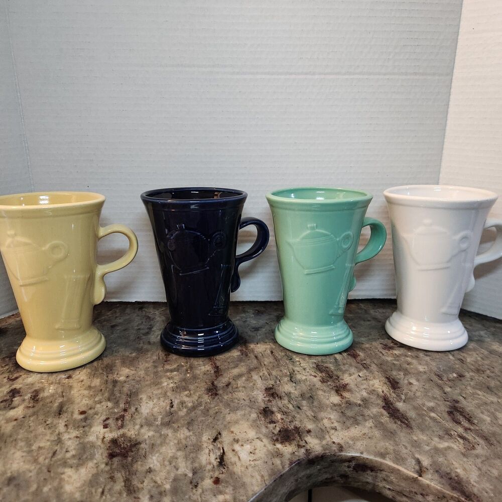 4 Vintage Fiesta Embossed Pedestal Latte Mugs Cobalt, Sea mist, Yellow, White